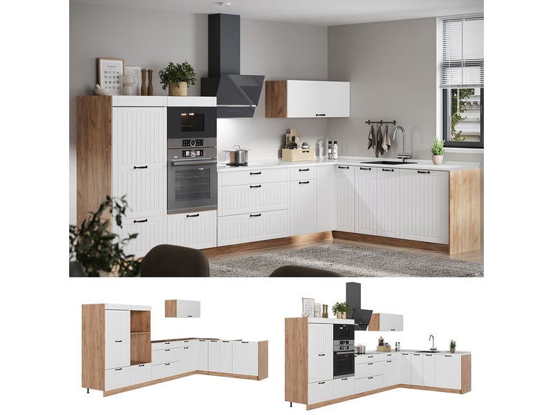  Vicco cuisine en angle, blanc campagnechêne de force doré, 347x60cm, pt chêne  - Conforama D