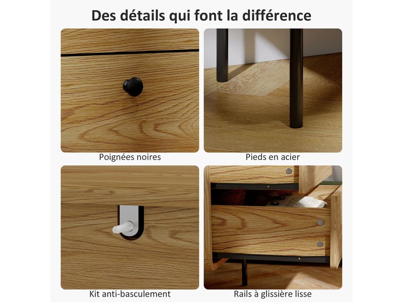  Commode 4 tiroirs, meuble de rangement étroit avec pieds en acier, coins arrondis, chêne, 60 x 39 x 91,5 cm  - Conforama R