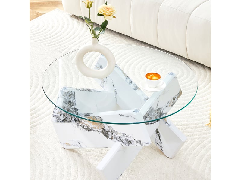  Table basse ronde avec plateau en verre trempé et piètement croisé, effet marbre blanc, pour salon, 79 × 79 × 45 cm  - Conforama B