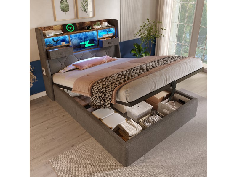  Lit en lin avec rangement hydraulique et tête de lit led gris 90 x 200 cm  - Conforama D