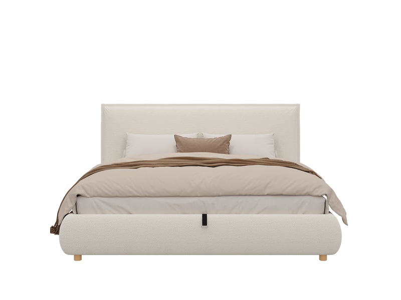  Lit coffre 180 x 200 cm avec rangement hydraulique, lit double rembourré en bouclé avec tête de lit design plié et pieds en bois massif - blanc  - Conforama E