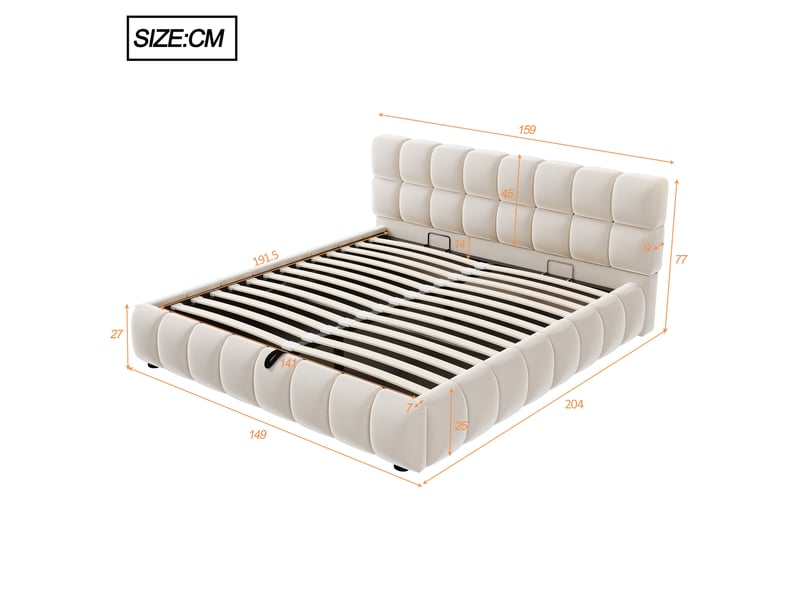  Lit coffre 140x190 cm rembourré, rangement hydraulique, velours beige, tête de lit et côtés capitonnés, sommier à lattes  - Conforama C