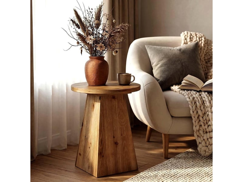  Table d'appoint ronde en bois massif avec piètement trapézoïdal, table de canapé compacte  - Conforama D