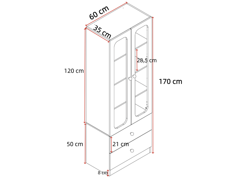  Vitrine avec 2 portes vitrées, 2 tiroirs et led rgb contrôlée par application, en mdf et verre blanc, 60 × 35 × 170 cm  - Conforama C