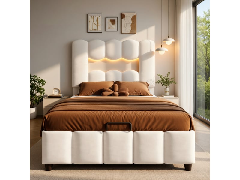 Lit d'enfant 90 x 200 cm, avec éclairage led, tête de lit, rangement à vérins hydrauliques, en velours, beige - Conforama B