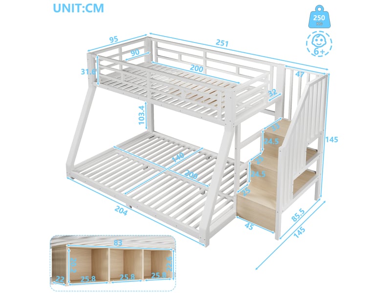  Lit superposé 90 × 200 cm et 140 × 200 cm avec led, 3 rangements, escalier de rangement, sans matelas, blanc  - Conforama E