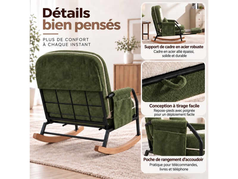 Fauteuil à bascule moderne avec dossier inclinable 100°-160°, repose-pieds escamotable, coussin en fausse fourrure de lapin,vert  - Conforama C