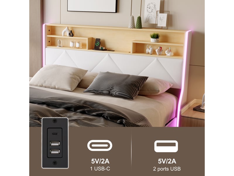  Lit coffre - pocketpop - 140x190 - pu blanc - tête de lit led et usb  - Conforama E