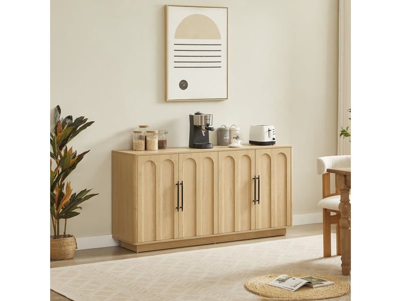  Buffet à façade cintrée avec 4 portes,  meuble de rangement de 160 cm de large pour le salon et la salle à manger, couleur bois  - Conforama D