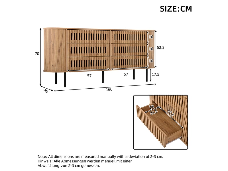  Buffet 160x40x70 cm à 6 tiroirs en mdf couleur bois naturel  - Conforama E