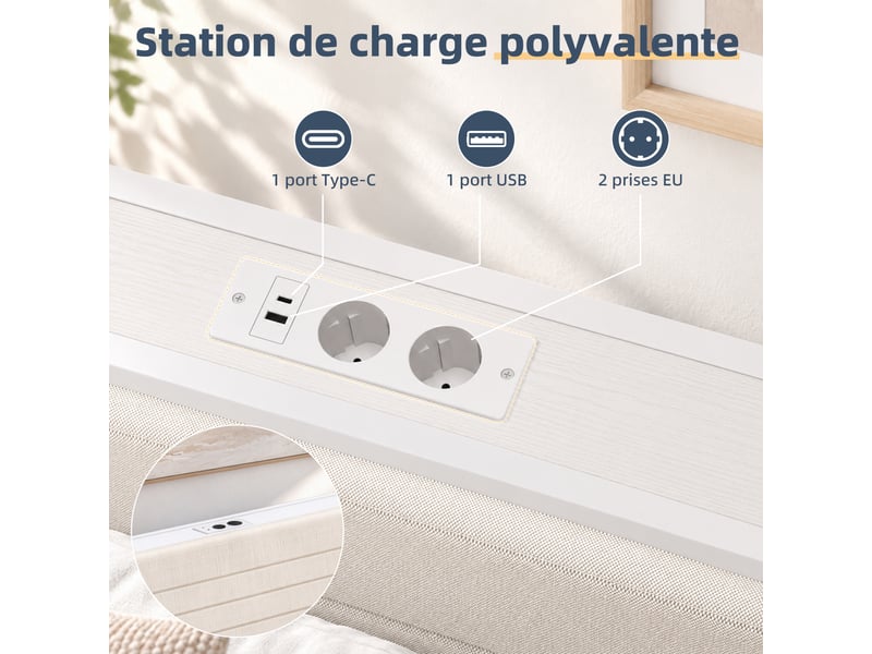  140x190cm-led-plateau de table pour tête de lit-cadre de lit tapissier- lit double-led-usb-type-c, gris  - Conforama D