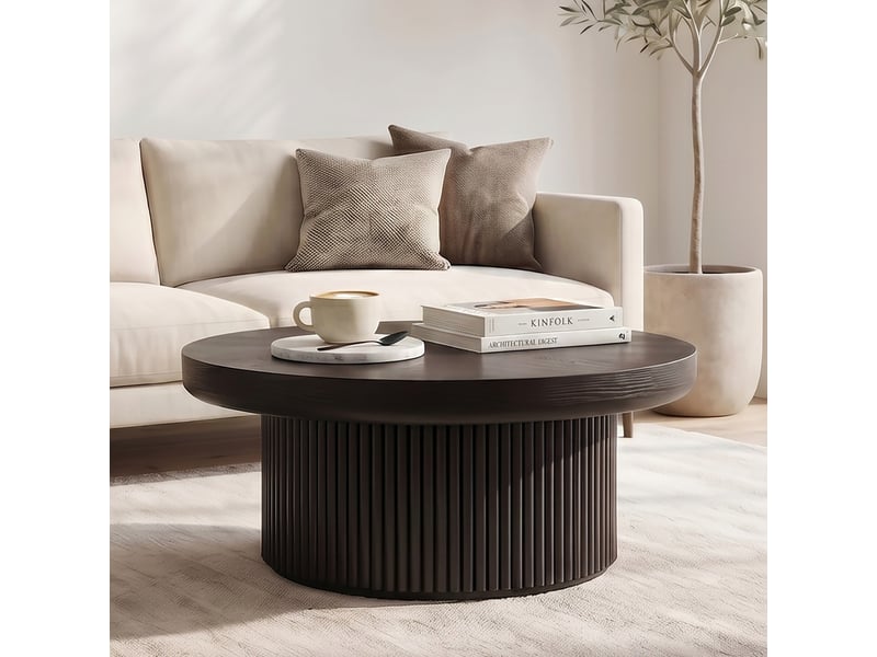  Table basse ronde 78x78x38,5 cm - avec plateau en parquet de bois véritable enchâssé et piétement tambour cannelé – mdf - noir  - Conforama B