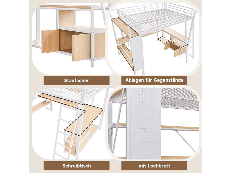  Lit mezzanine 90x200cm métal blanc avec bureau, étagères, panneau perforé - lit 1 place - éclairage led app, port usb, gain de place  - Conforama D