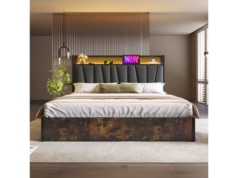 Lit adulte 180x200cm, lit coffre, lit double, avec led, usb, espace de rangement de tête de lit, lin gris, sans matelas - Conforama B