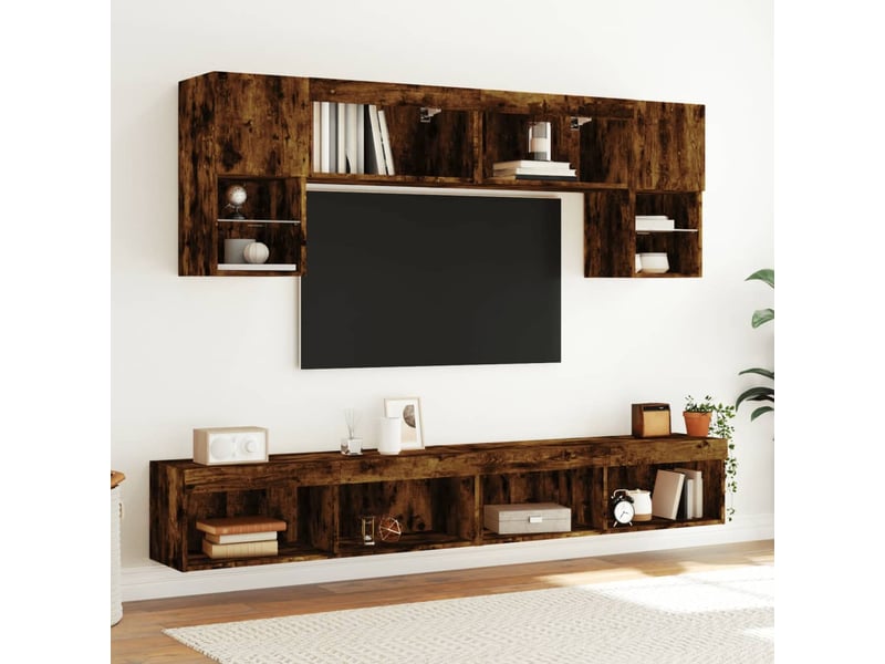  Unités murales tv avec led 6 pcs chêne fumé bois d'ingénierie  - Conforama D