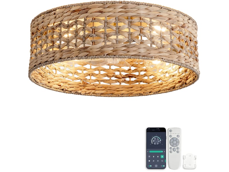  Ventilateur de plafond 50x50 cm avec éclairage, rotin cuivre et 6 vitesses  - Conforama A