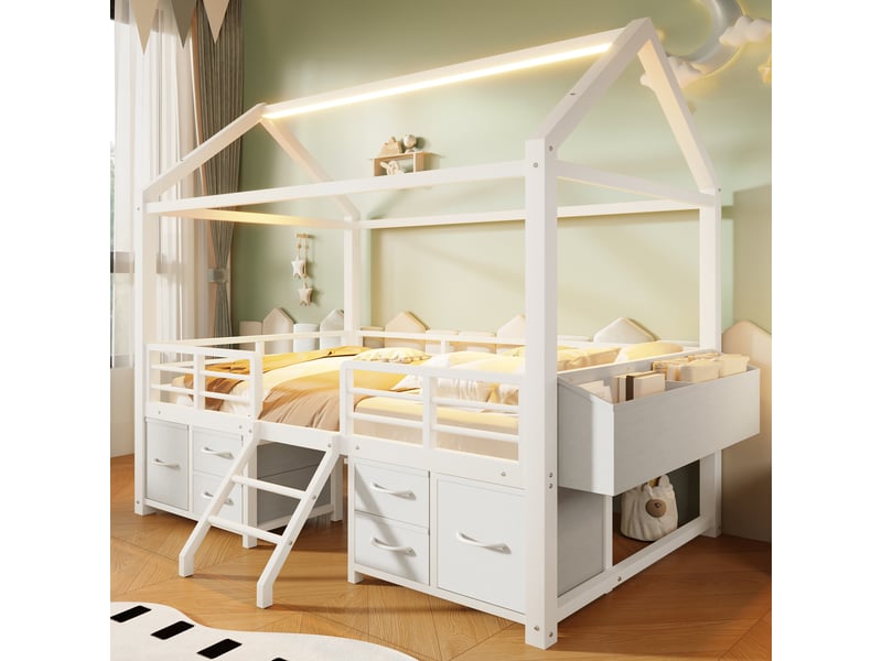  Lit mezzanine enfant 90 x 200 cm avec rangement et éclairage led, structure en métal et mdf blanche, toit cabane  - Conforama D