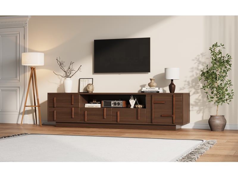  Meuble tv 180 cm pour écran jusqu'à 75 pouces, 4 tiroirs, 2 niches, mdf, noyer  - Conforama D