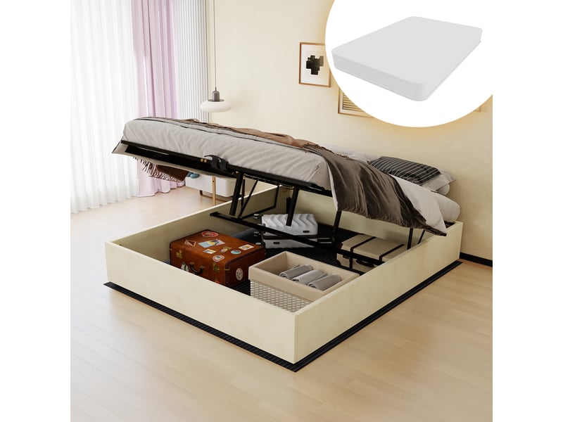  Lit double 160x200 avec sommier à lattes et matelas beige homvra  - Conforama C