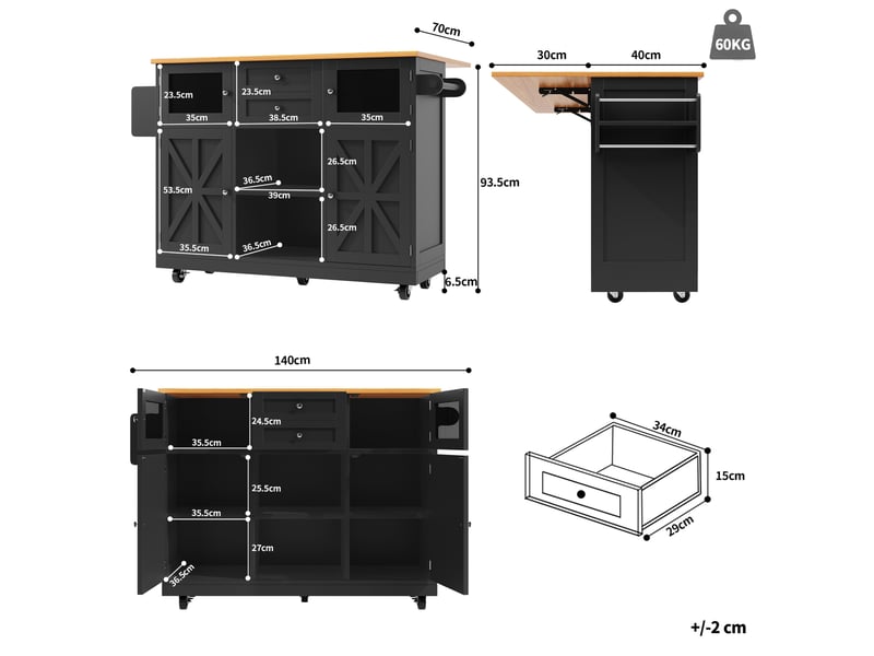  Desserte de cuisine 140 x 40 x 93,5 cm noire en mdf, plateau rabattable, roulettes verrouillables  - Conforama C