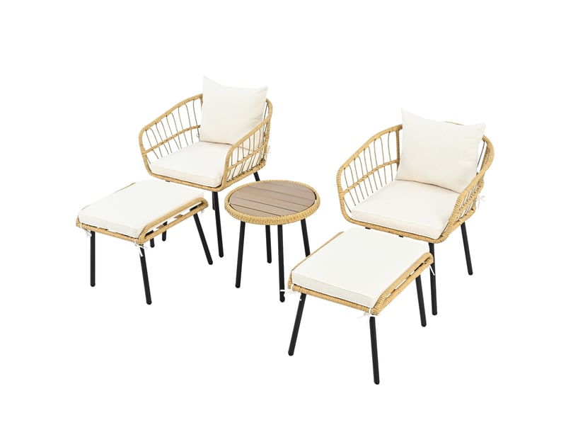 Salon de jardin 5 pièces, table ronde diamètre 46 cm, blanc et naturel en rotin, avec 2 fauteuils et 2 repose-pieds - Conforama A