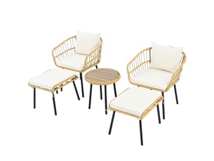 Salon de jardin 5 pièces, table ronde diamètre 46 cm, blanc et naturel en rotin, avec 2 fauteuils et 2 repose-pieds