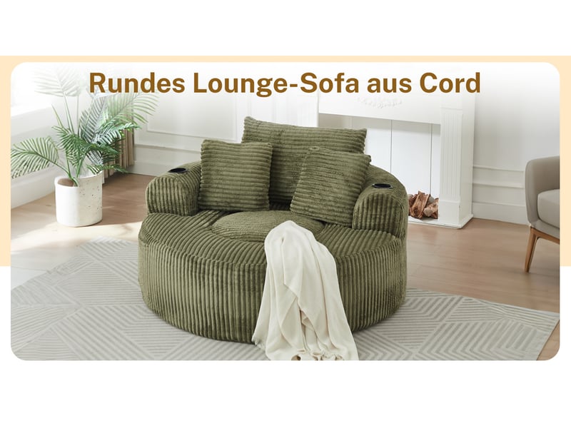  Fauteuil pouf rond avec 3 coussins amovibles, 2 porte-gobelets et poches latérales en velours côtelé vert  - Conforama E