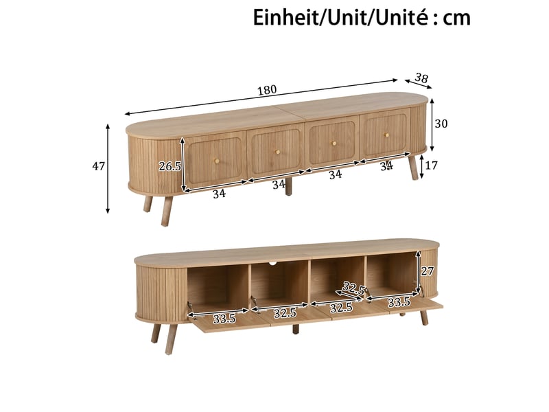  Meuble tv bas 180x38x47cm bords arrondis rangement | style vintage effet chêne et détails dorés | 4 portes charge 60kg - chêne clair  - Conforama E