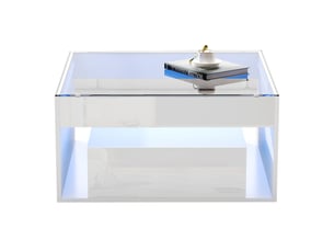 Table basse carrée 70x70 cm avec 2 tiroirs, plateau en verre trempé et éclairage led, mdf blanc brillant