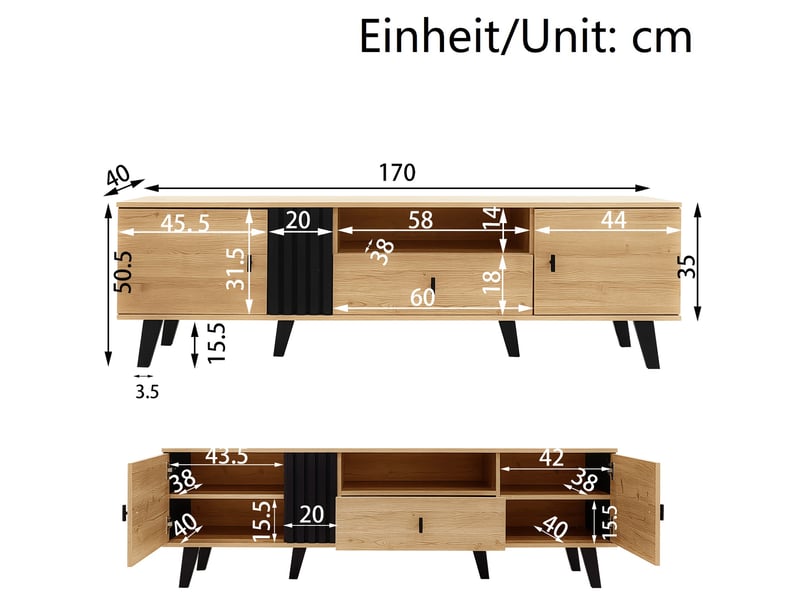  Ensemble de meubles de salon 3 pièces 170x40x50,5 cm avec led panneau de particules noir et bois  - Conforama E