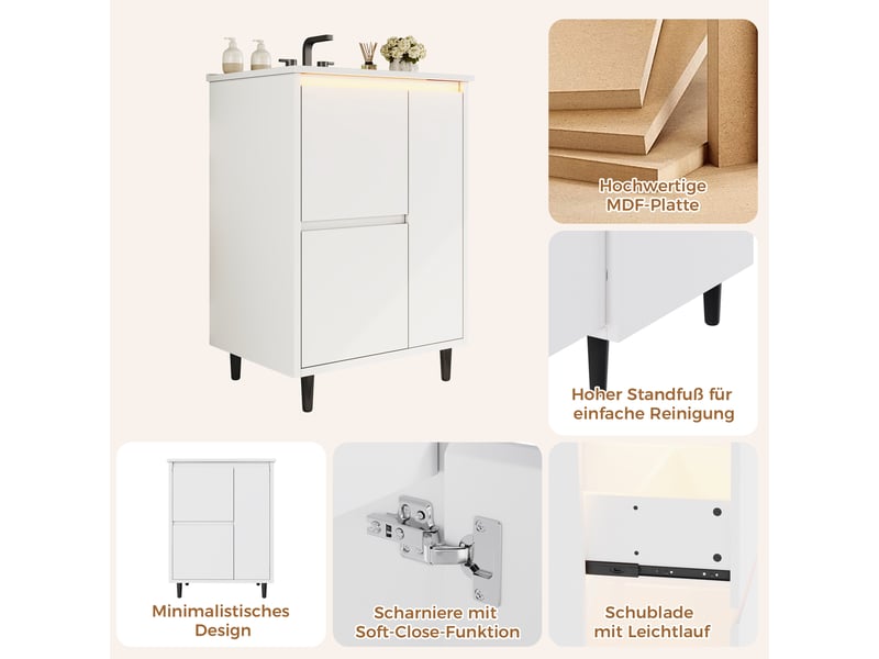 Meuble vasque blanc laqué mdf et céramique 61×46,5×87 cm, 2 tiroirs, 1 porte à fermeture amortie et pieds surélevés - Conforama E
