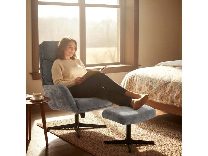  Ensemble 2 pièces : fauteuil lounge à haut dossier avec pouf, base métallique, fonction de bercement  - Conforama R