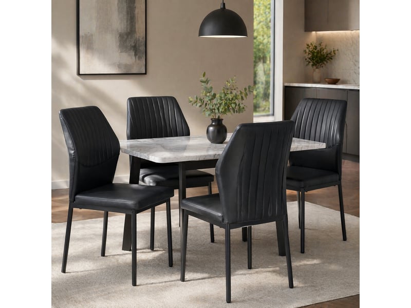  Chaises de salle à manger lot de 4 à dossier côtelé  - pieds en métal, simili cuir noir  - Conforama C