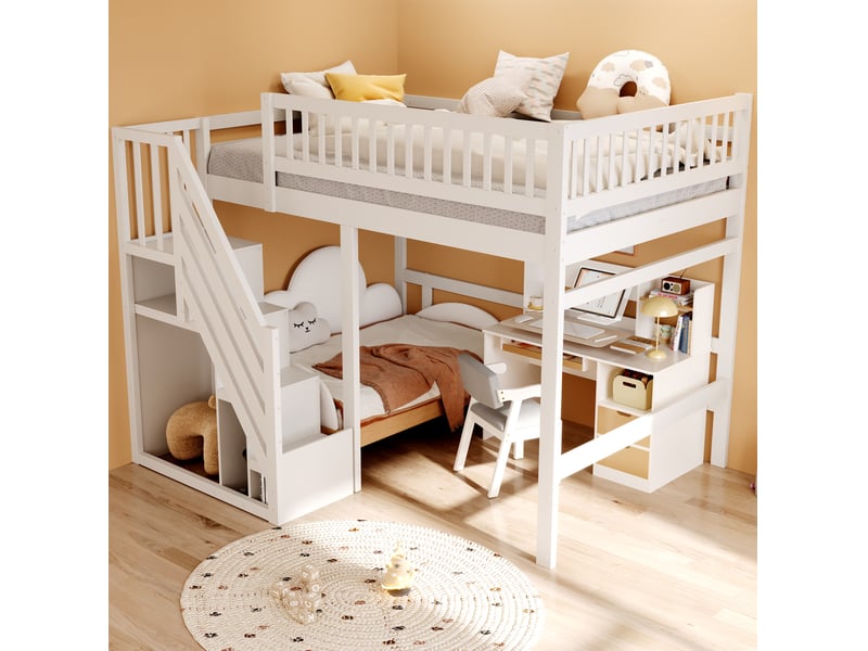  Lit surélevé enfant et adolescent 140 x 200 cm avec escalier de rangement, blanc  - Conforama D