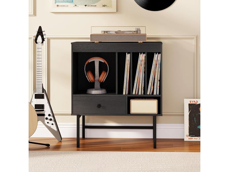 Meuble platine vinyle 3 niveaux pour albums, support de tourne-disques avec tiroir, compartiments ouverts, pour vinyles pour salon, studio (noir)  - Conforama A