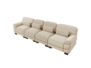 Canapé droit modulable 336 cm 4 places, design carré épuré, base et accoudoirs à matelassage en canaux, coussin lombaire, velours côtelé, beige