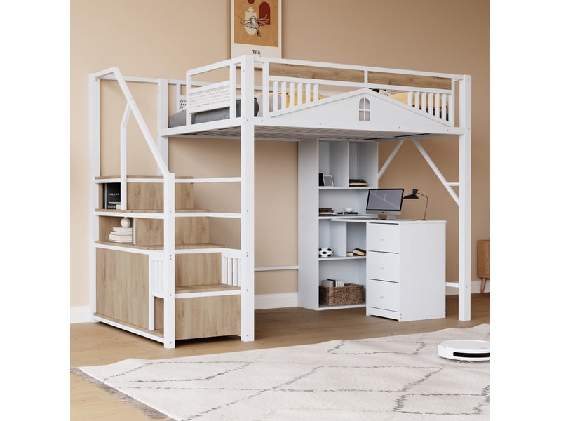  Lit mezzanine 140x200 cm avec escalier de rangement et garde-corps blanc  - Conforama B