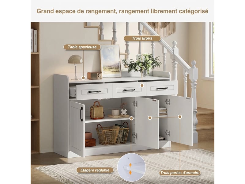  Buffet blanc 120 cm meuble de rangement 3 tiroirs et 3 portes avec étagères réglables  - Conforama W