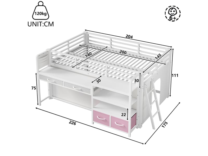  Lit mezzanine enfant 140 x 200 cm blanc en métal et mdf, avec bureau, rangements, tiroirs en tissu et led  - Conforama C