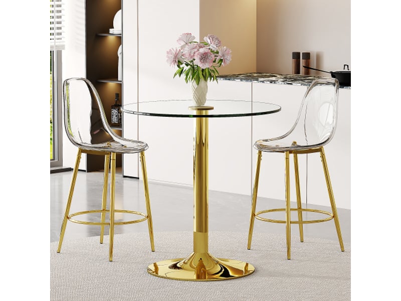  Ensemble bar 89 cm - table en verre et 2 tabourets transparents - cadre doré, pieds confortables, cuisine ouverte  - Conforama B