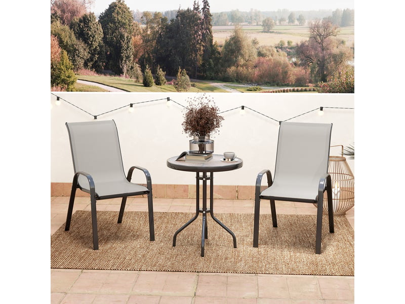  3 pièces salon de jardin extérieur ensemble de meubles 2 fauteuils empilables table basse dessus verre trempé gris clair  - Conforama D