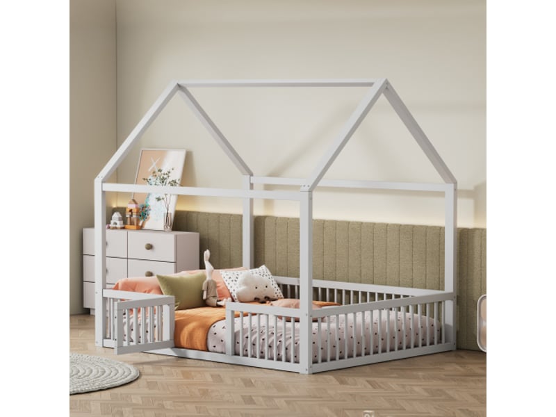 Lit enfant 140x200cm, lit cabane, avec barrière de protection, lit double, pin blanc, sans matelas - Conforama C