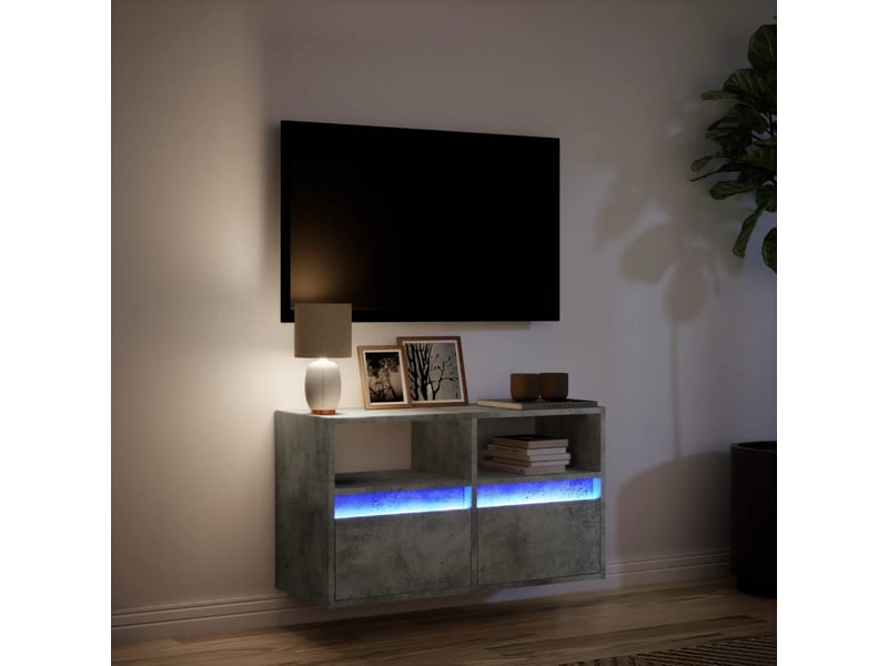 Meuble tv - banc tv - meuble de rangement mural avec lumières led gris béton 80x31x45 cm - Conforama E
