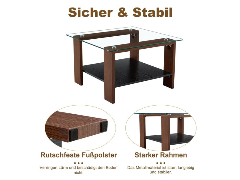 Table basse avec rangement 65 x 41 x 45 cm table de salon moderne en verre trempé rangement intégré pieds en bois de noyer usage contemporain adaptée au bureau à domicile adaptée aux petits espaces  - Conforama E