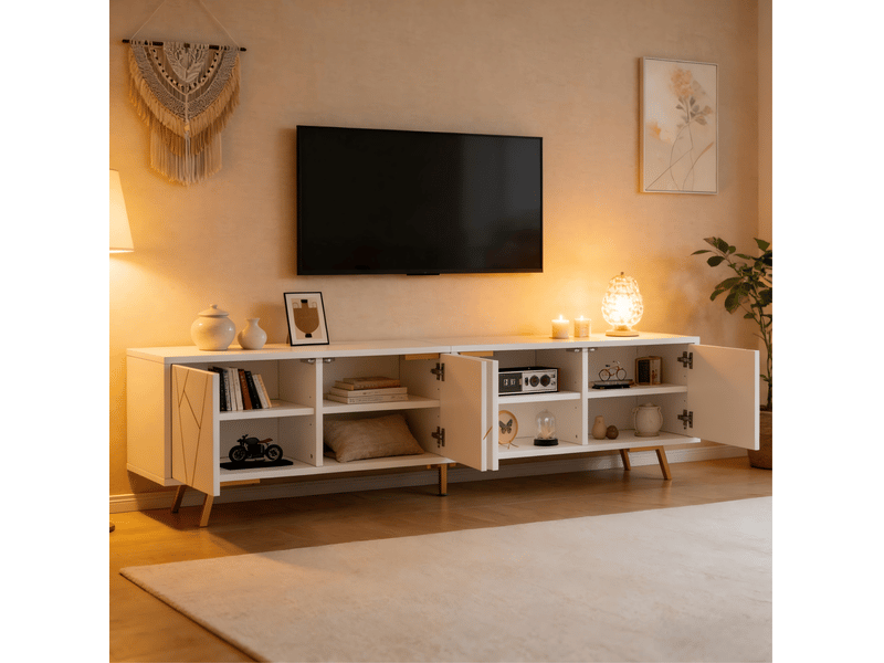  Meuble tv 190x40x51,5 cm blanc et or en panneau de particules avec 4 portes et 5 pieds en métal 4071258269804 - Conforama E