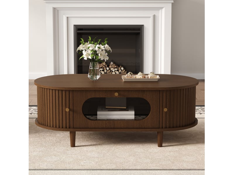  Table basse rectangulaire – décor noyer, 1 tiroir et 2 portes à rideau – 100 x 50 x 36 cm  - Conforama C