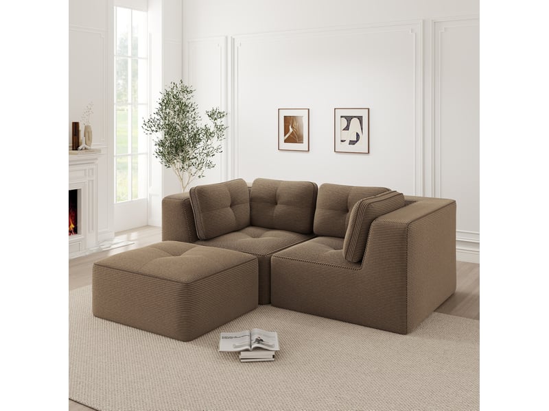 Canapé d'angle modulable 2 places en velours côtelé marron avec repose-pieds mobile - Conforama D