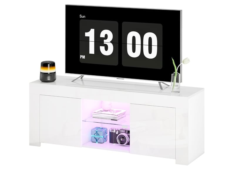 Meuble tv avec led rgb, 2 portes, 2 niches, étagère en verre et passe-câbles pour salon blanc 120 × 34 × 45 cm - Conforama A