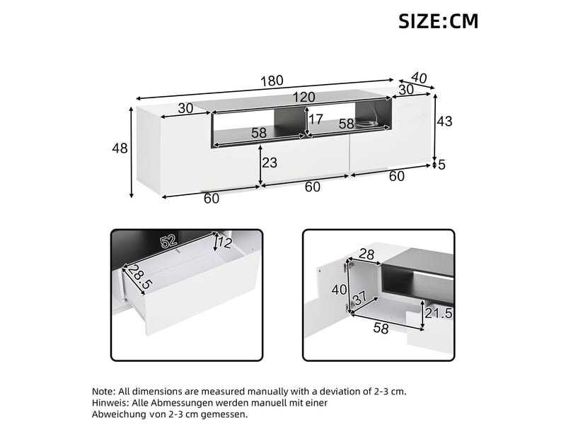  Meuble tv bas 180 x 40 x 48 cm led bluetooth, rangement et tiroir blanc et noir  - Conforama B
