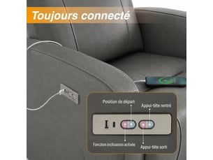 Fauteuil relax électrique <strong>CHITA</strong> 100% Cuir gris